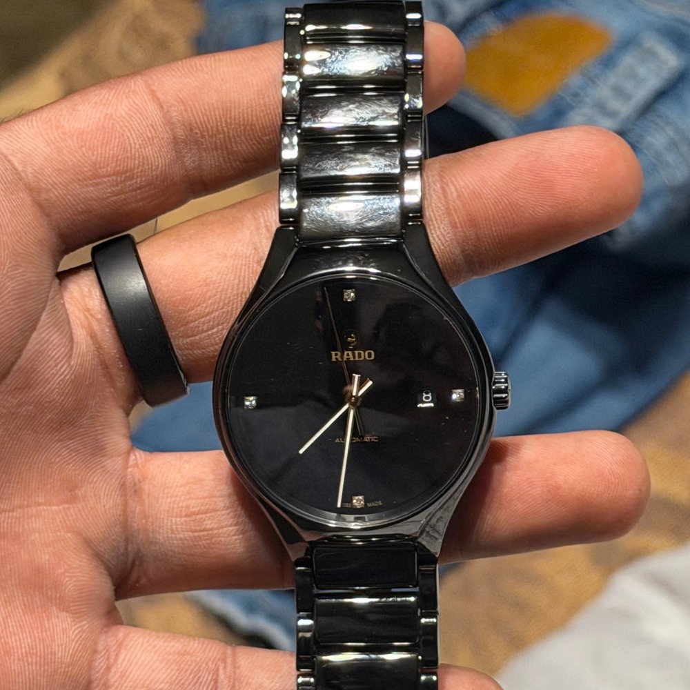 Rado True Automatic Watch Mens Black Ceramic Diamond Dial 763.6109.3